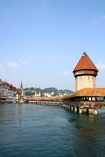 "Digital photo of the famous chapel-bridge in Lucerne in switzerland. The bridge was build in the year 1365, it is the oldest and longest (204 m) bridge with a roof in europe."
