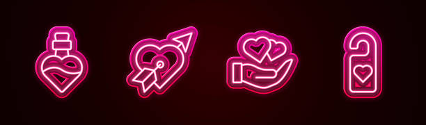 istock Set line Bottle with love potion, Amour heart and arrow, Heart in hand and Please do not disturb. Glowing neon icon. Vector 1768760883