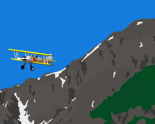 Vector illustration of Biplane over mountains