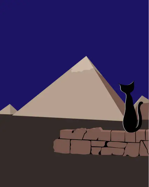 Vector illustration of Cat looking at Egyptian pyramids