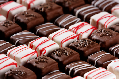 White and Dark Chocolate square cakes.