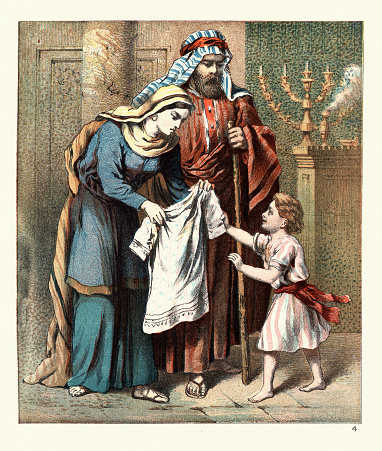 Vintage illustration of Biblical, The Story of Samuel, Samuel's mother leaving him at the temple