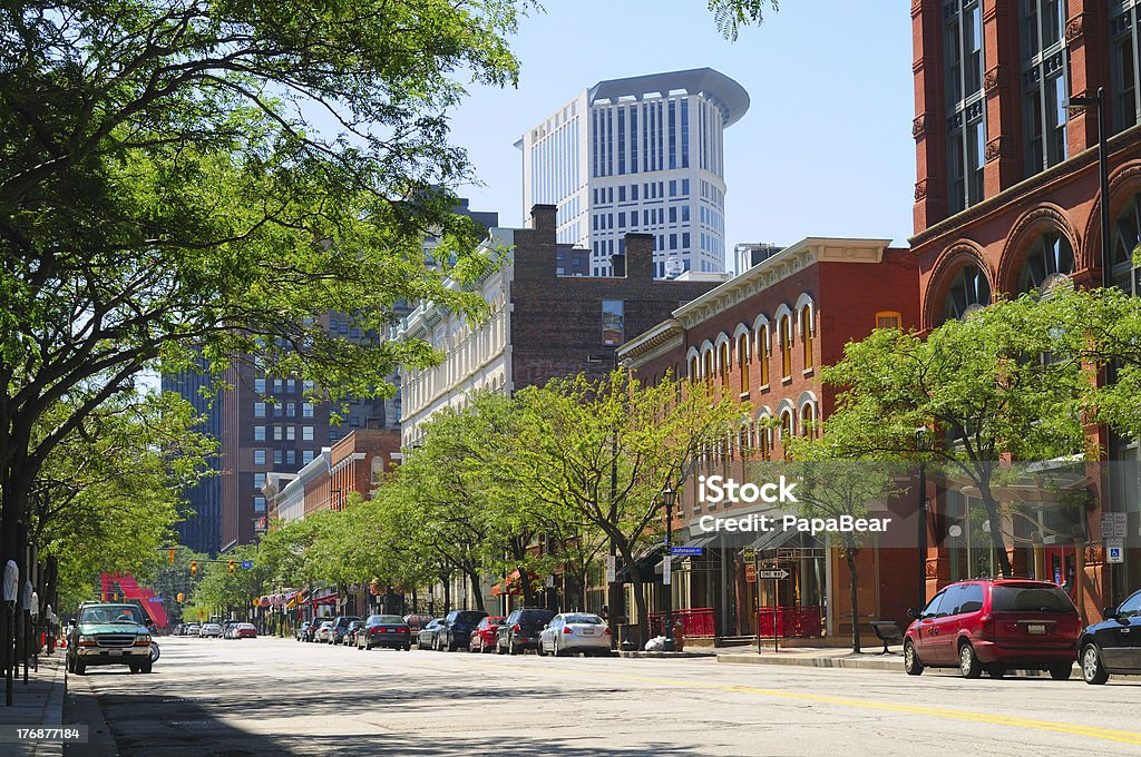 Warehouse District Cleveland "A street in downtown Cleveland Ohio's trendy Warehouse District, with the Justice Center rising behind" Cleveland - Ohio Stock Photo