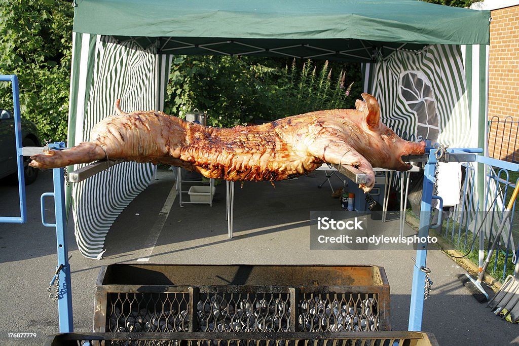 Pig on spit roast Pig being roasted on a spit. Marinated Stock Photo