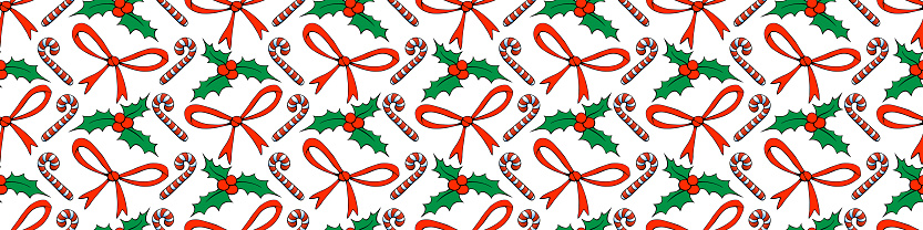 Vector seamless pattern of Christmas symbols in doodle flat style. Bright background and texture on theme New Year, xmas.