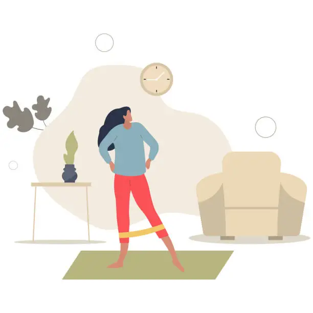 Vector illustration of Woman at home conducts workout on her leg with expander tape. Fitness and active lifestyle.flat vector illustration.