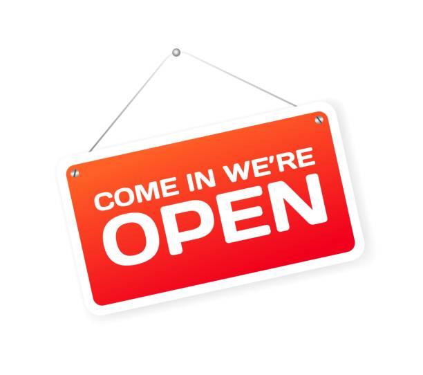 istock Come in we're open sign. Flat, red, hanging sign, come in we're open. Vector icon 1768788711