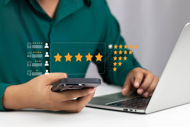 istock Customer or User give rating to service experiences review satisfaction feedback survey on online application, Customer can evaluate quality of service leading to reputation ranking of business. 1768801155
