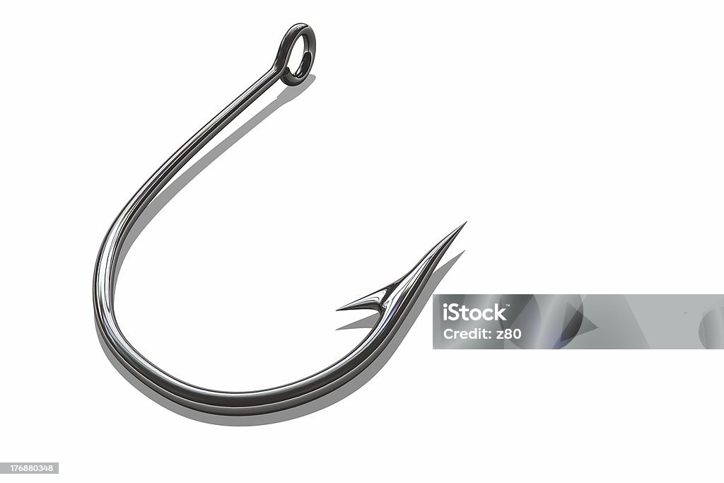 Shiny silver hook 3D rendering of a very sharp and shiny fish hook. Business Stock Photo