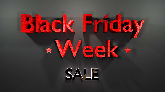 Black Friday Week Sale background. Poster for advertising with red text on black. 3D render illustration.