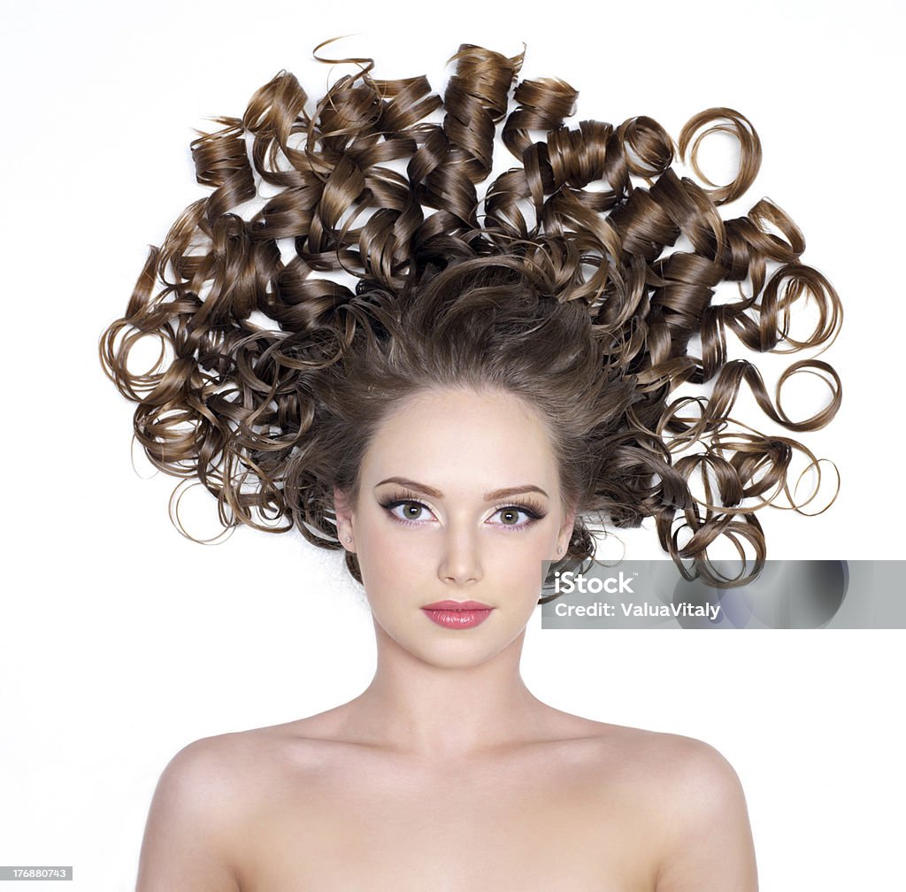 Girl with gorgeous hair Girl with gorgeous beautiful curly hair - white background Front View Stock Photo