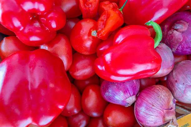 Vegetables: Peppers, Tomato and Onion Isolated on White Background