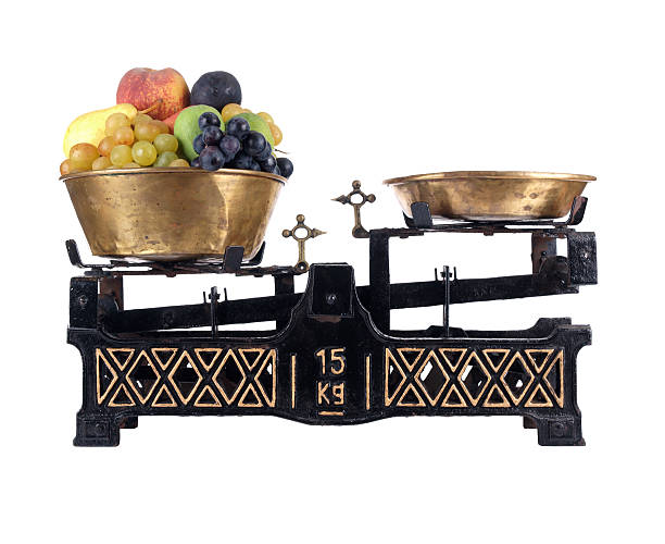 istock Old-fashioned balance scale with fruits, isolated on white background 176881766