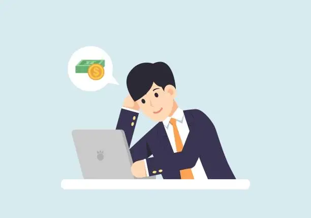 Vector illustration of Working to earn money, sitting comfortably in front of the computer, vector illustration.