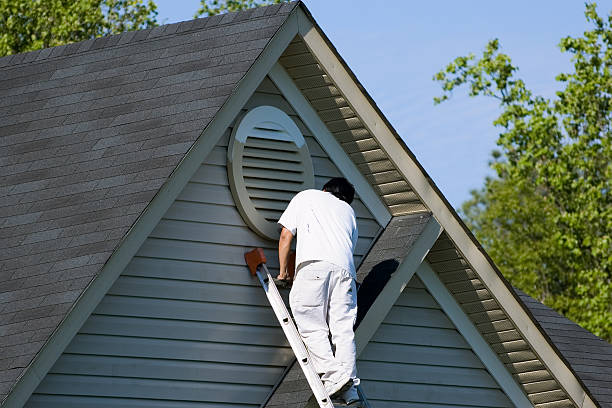 Painter working at roofline Painter working at the top of an extension ladder on a two story suburban home. painting activity stock pictures, royalty-free photos & images