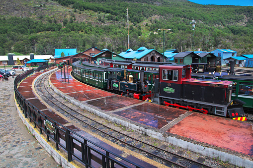 Ushuaia, Argentina - 22 Dec 2019: The locomotive in the End of the World Train in Parque Nacional Tierra del Fuego