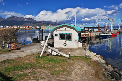 Ushuaia, Tierra del Fuego, Argentina - 22 Dec 2019: Seaport in Ushuaia city on Tierra del Fuego, Argentina
