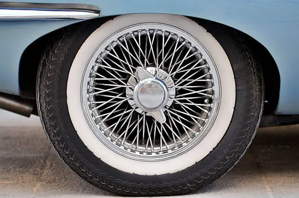 An English Classic Sports Car wire wheel with a chrome finish.