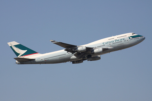 Frankfurt am Main, Germany - March 21, 2012: Cathay Pacific Boeing 747-400 with registration B-HOV airborne at Frankfurt Airport.