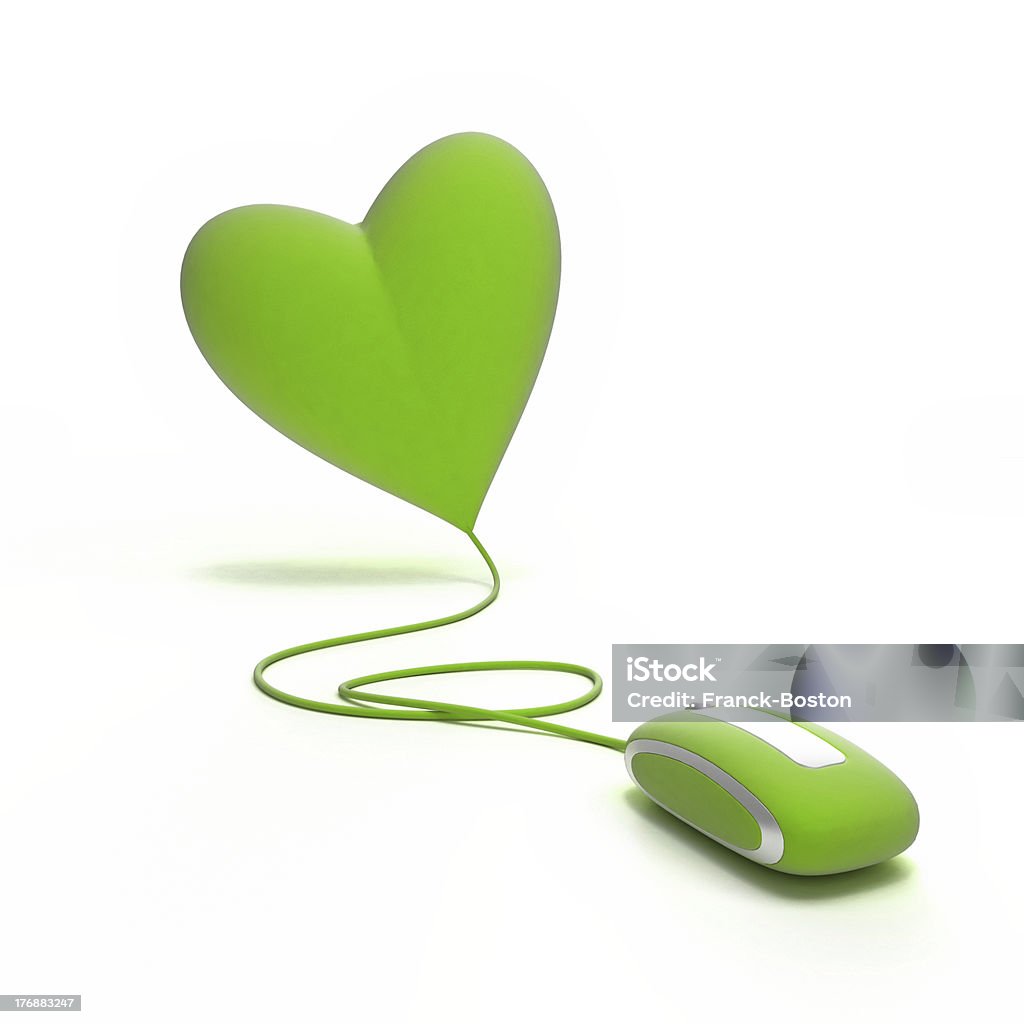 Green Love online A green heart connected to a red mouse Blind Date Stock Photo