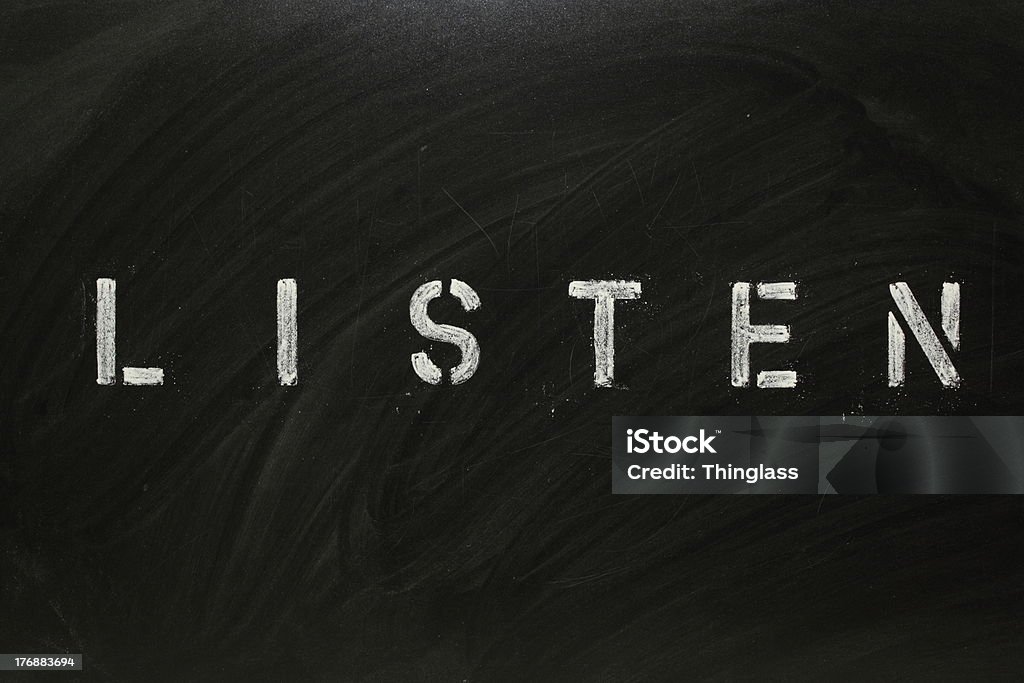LISTEN The word LISTEN in stencil letters on a blackboard Listening Stock Photo