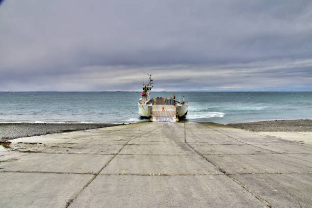 The ferry on Magellanic Strait, Tierra del Fuego, Chile Magellanic Strait, Chile - 21 Dec 2019: The ferry on Magellanic Strait, Tierra del Fuego, Chile chile argentina punta arenas magellan penguin stock pictures, royalty-free photos & images