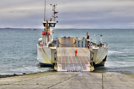 Magellanic Strait, Chile - 21 Dec 2019: The ferry on Magellanic Strait, Tierra del Fuego, Chile