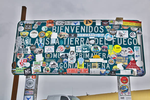 the info plate on magellanic strait, tierra del fuego, chile - punta arenas magellan penguin penguin argentina imagens e fotografias de stock