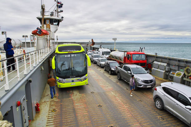 The ferry on Magellanic Strait, Tierra del Fuego, Chile Magellanic Strait, Chile - 21 Dec 2019: The ferry on Magellanic Strait, Tierra del Fuego, Chile chile argentina punta arenas magellan penguin stock pictures, royalty-free photos & images