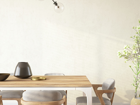 Cozy Dining Room with a Empty Mock Up Wall. 3D Render