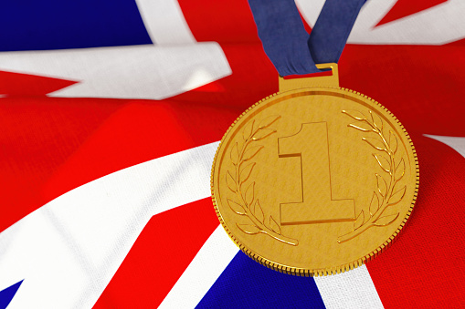 Number 1 Gold Medal with British Flag. 3D Render