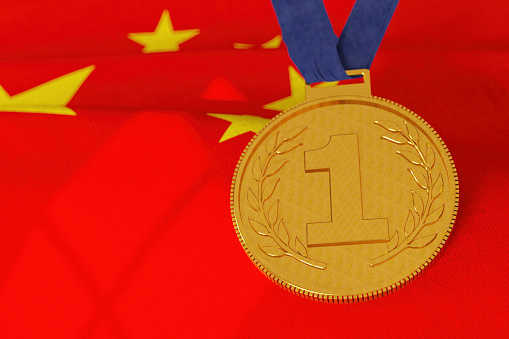 Number 1 Gold Medal with Chinese Flag. 3D Render