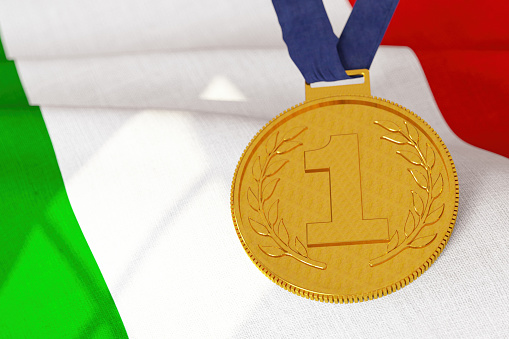 Number 1 Gold Medal with Italian Flag. 3D Render
