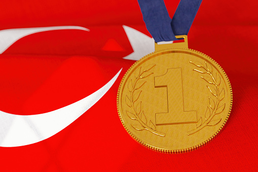 Number 1 Gold Medal with Turkish Flag. 3D Render
