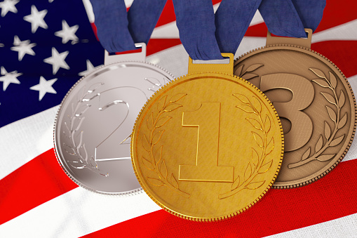 USA Number 1 2 and 3 Gold Silver and Bronze Medal with American Flag. 3D Render