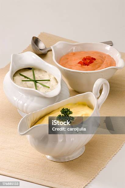 Various Bowls Of Assorted Sauces Stock Photo - Download Image Now - Cheese Dip, Cocktail Sauce, Dipping Sauce