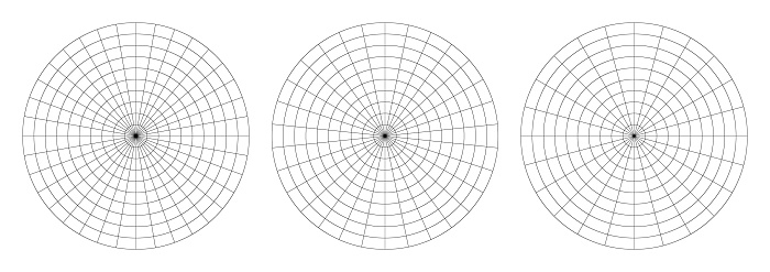 Polar grid divided into radial spoke degree 36, 30 or 24 sectors and concentric circles. Radar circular graph screen.