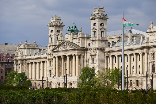 Facade of Museum of Ethnography (Hungarian: Néprajzi Múzeum) in the building of Palace of Justice. Budapest, Hungary - 7 May, 2019