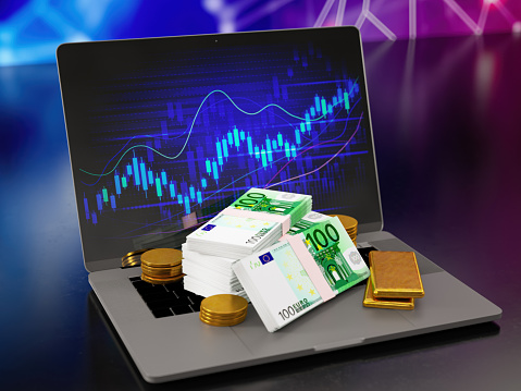 Investment Concept with a Stock Market Chart on Laptop Screen Euro and Gold Stack. 3D Render