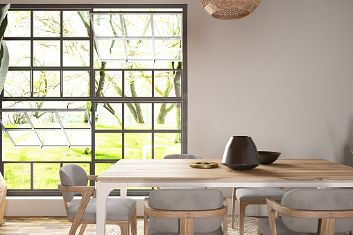 Dining Table with a Window View and Empty Wall. 3D Render