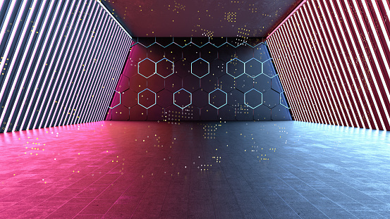 Dark Futuristic Room with Neon Lights. 3D Render