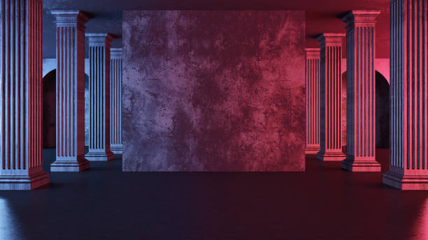Dark Room with an Empty Wall Columns and Colorful Neon Lights