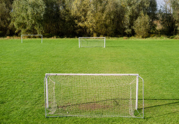 istock Empty training football field with goalposts and green grass, soccer training pitch 1768869039