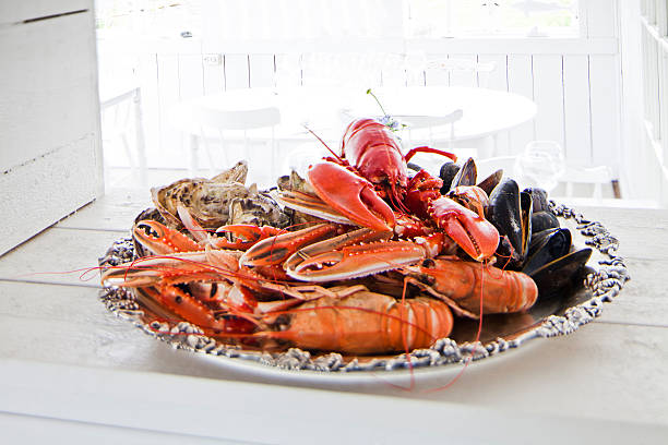 plateau de fruits de mer - prepared shellfish seafood lobster ice photos et images de collection