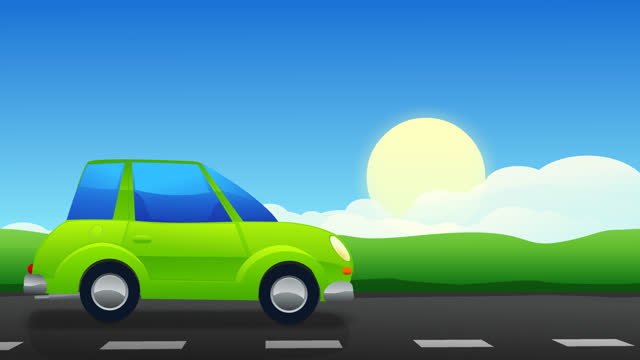 Road trip in a green car in the plains (loop,cartoon)
