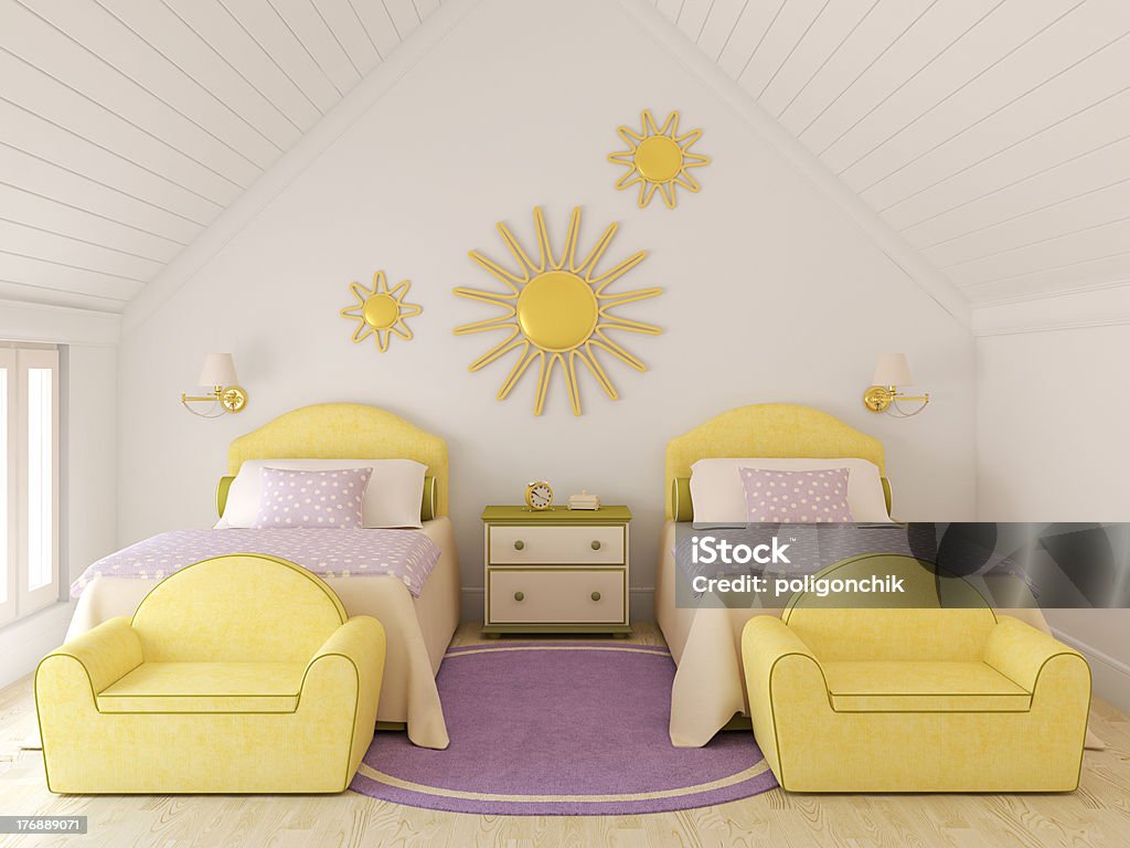 Twin's nursery. Interior of nursery for two children. 3d render. Playroom Stock Photo