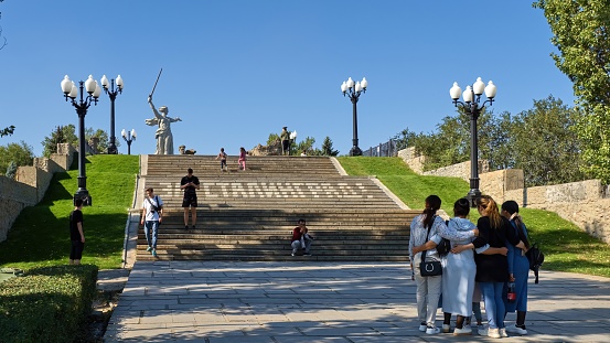 Volgograd, Russia - September 25, 2023: Kurgan Mamaev in Volgograd,Russia. A monument for peace after the World War II.