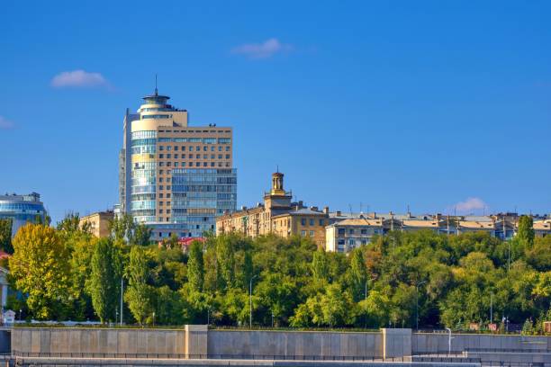 Volgograd, Russia - September 26, 2023: View from the Volga River. Embankment.