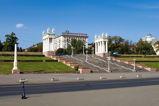 Volgograd, Russia - September 26, 2023: The central staircase of the Volga embankment