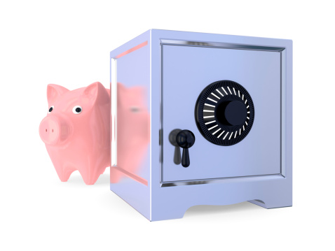 Pink piggy bank and iron safe. 3d rendered. Isolated on white background.